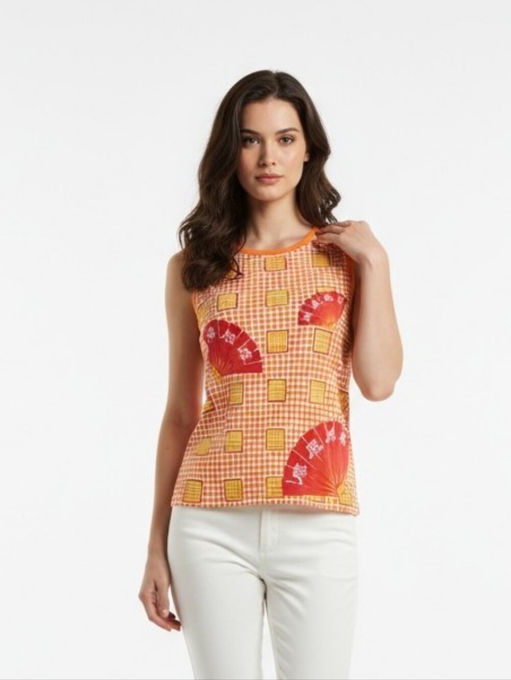 itsus Vintage Orange Red Patterned Folding Fan Tank Top Med - Deadstock - Picture 1 of 9